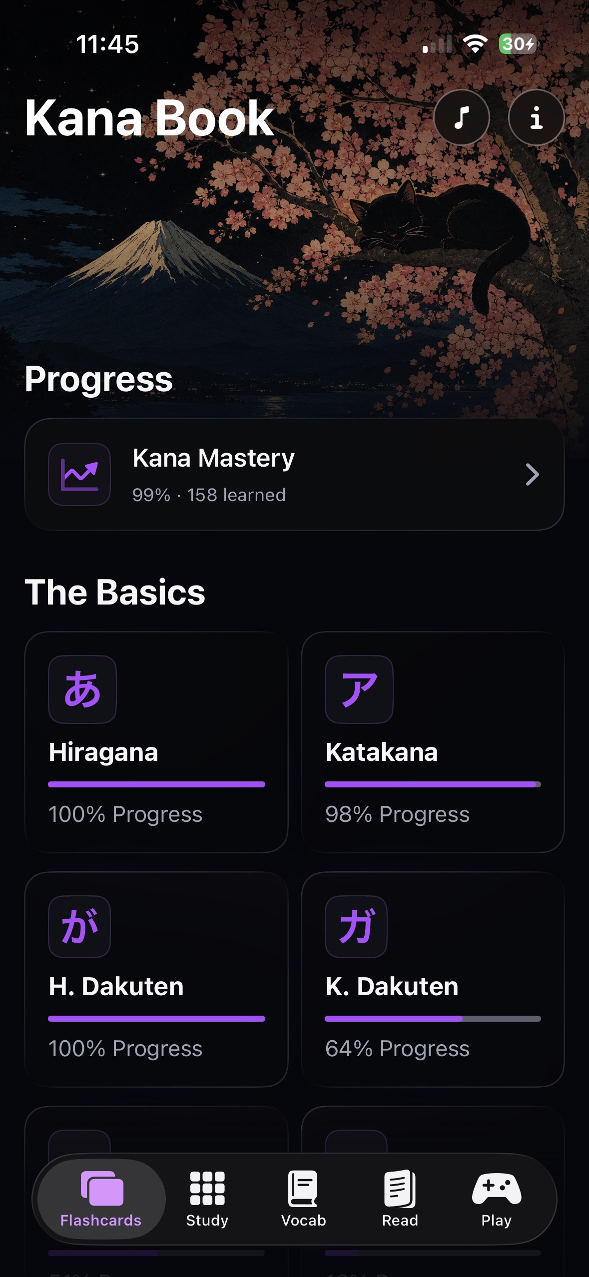 Kana Book flashcard screen showing Japanese kana study progress